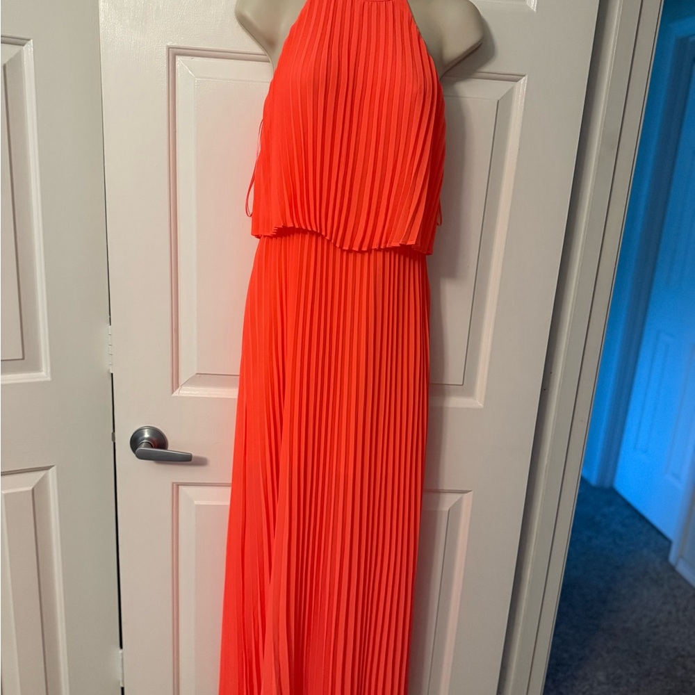 Elegant Halter Pleated Dress in Vibrant Orange